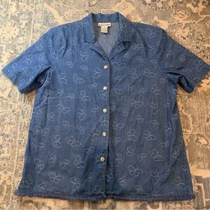 Alfred Dunner Blue Casual Button Down Shirt with Butterfly